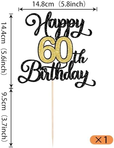 Rsstarxi 1 Pack Happy 60th Birthday Cake Topper Black Gold Glitter Cheers to 60 Years Birthday Sign Cake Pick Hello 60 Theme Cake Decorations for Fabulous Sixty Birthday Party Cake Decorations