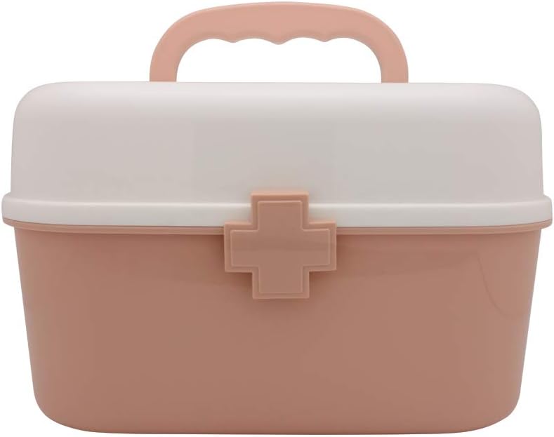 BangQiao Plastic First Aid Storage Box Container Bin with Removable Tray and Portable Handle, Family Emergency Medicine Kit Case Organizer, White&Pink