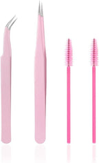 Stainless Steel Eyelash Extension Tweezers Straight and Curved Tip Eyelash Tweezers for Eyelash Extension Applications with Eyelash Brush (4PCS)