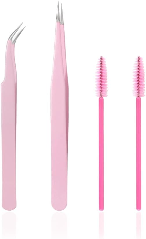 Stainless Steel Eyelash Extension Tweezers Straight and Curved Tip Eyelash Tweezers for Eyelash Extension Applications with Eyelash Brush (4PCS)
