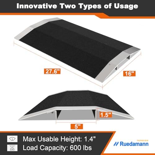 Ruedamann 1.5“ Rise Bridge Threshold Ramp, Wheelchair Ramp with Detachable Supporting Frame and Non-Slip Surface, Aluminum Door Ramps for Wheelchairs, Stairs, Vans, Scooters, Steps