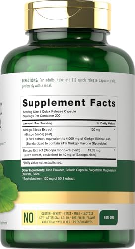 Carlyle Ginkgo Biloba Pills | 200 Capsules | with Bacoba Extract | Extra Strength, Non-GMO and Gluten Free Herbal Supplement