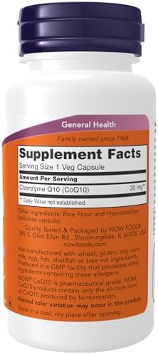 NOW Supplements, CoQ10 30 mg, Pharmaceutical Grade, All-Trans Form produced by Fermentation, 60 Veg Capsules