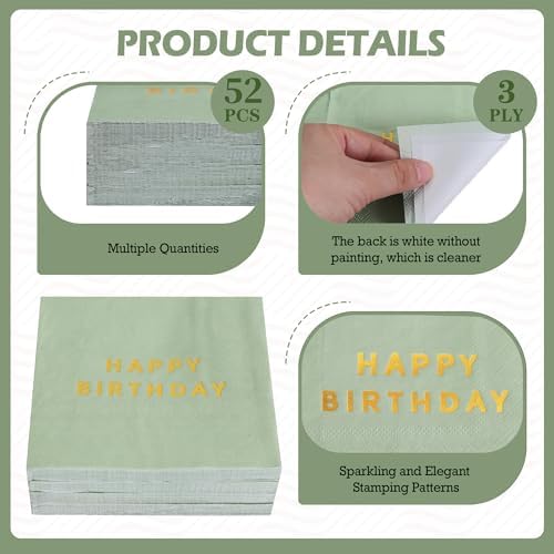 Vuzvuv 52 Pack Gold Foil Happy Birthday Cocktail Napkins - Birthday Party Dinner Hand Napkin for Party Supplies Decorations Table Decor for women man(5" Folded 3 Ply-Sage Green)