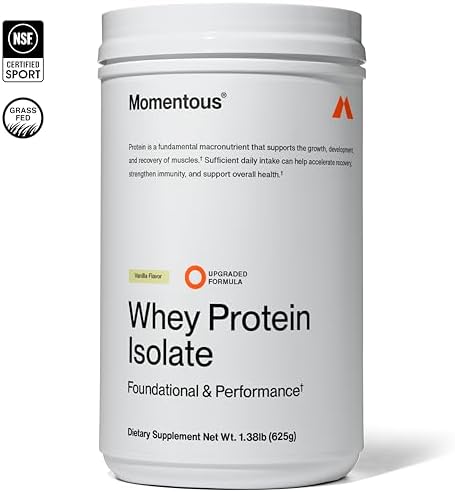 Momentous Essential Grass-Fed Whey Protein Powder - 20 g Whey Isolate Protein - NSF Certified for Sport - Gluten-Free - 25 Servings for Essential Everyday Use - Vanilla - Package May Vary