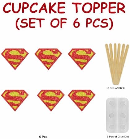 Suprman Cupcake Topper – Superhero Party Decorations for Boys, Man of Steel Birthday Cupcake Picks, Justice League Cake Toppers, Comic Hero Theme Party Supplies, Super Hero Dessert Decor