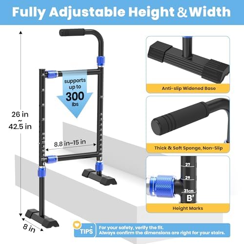 Height & Width Adjustable Stair Assist Cane for Seniors, Customizable to fit Most Indoor/Outdoor Steps, Wide Anti-Slip Base, Professional Stair Climbing Assist Cane for Sore Knees & Post-Surgery
