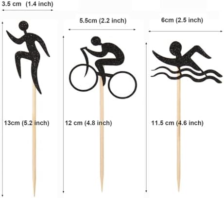 Morndew 24 PCS Black Glitter Triathlon Cupcake Toppers Swimming Running Cycling Picks for Sports Theme Party Anniversary Party Birthday Party Baby Shower Wedding Party Decorations