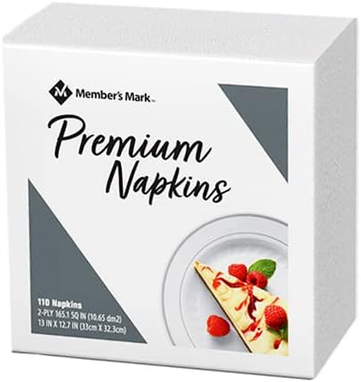 Member's Mark - 2 ply white paper napkin ideal for all occasions (Parties, Lunch, Dinner, meetings) and for everyday use in your home, kitchen and business. 110 ct measures 6.5 in * 6.5 in.