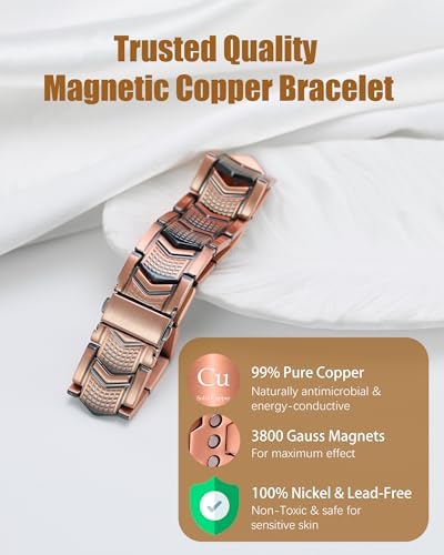 Jeracol 3X Strength Magnetic Copper Bracelet for Men - 99.9% Pure Copper Bracelet & Ring Set - Premium Fold-Over Clasp and Adjustable Length Sizing Tool & Jewelry Box
