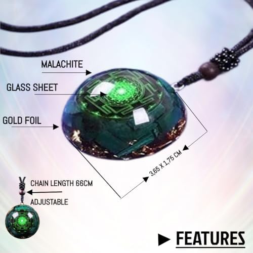 Healing Crystal Necklace for Women - 3.6 cm Green Orgonite Malachite With 66 cm Adjustable Chain, Protection Crystals & Healing Stones, Chakra for Spiritual Healing