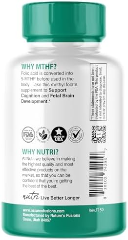 Nutri 5-MTHF L Methylfolate 1MG - 4 Month Supply, 120 Vegan Tablets - Methylated Folate Supplement - Cognitive Function, Heart Health, Prenatal Support - 3rd Party Tested - NSF Certified Facility