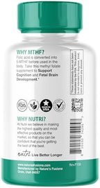 Nutri 5-MTHF L Methylfolate 1MG - 4 Month Supply, 120 Vegan Tablets - Methylated Folate Supplement - Cognitive Function, Heart Health, Prenatal Support - 3rd Party Tested - NSF Certified Facility