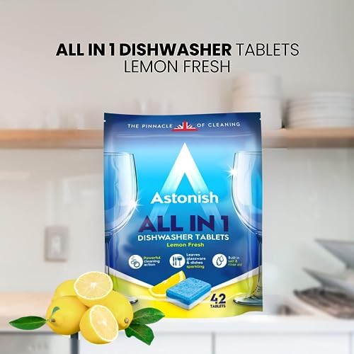 Astonish All In 1 Dishwasher Tablets - Household Cleaner Removes Grease, Grime, & Surface Stains - Dishwasher Soap with Salt & Rinse Aid, Cruelty Free Dishwasher Detergent, Lemon Fresh, 42 Pack