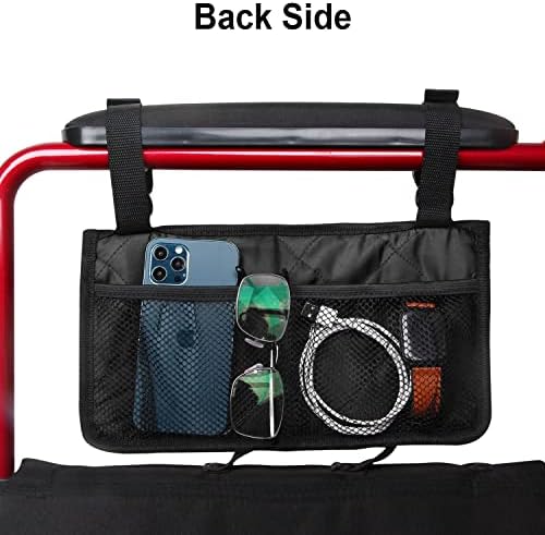 Wheelchair Side Bag, Armrest Storage Pouch with Cup Holder and Reflective Strip for Wheelchairs, Walkers or Rollators (Black)
