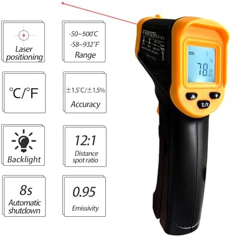 Digital Infrared Thermometer gun for cooking,BBQ,Pizza oven,Ir Thermometer with Backlight,-58℉~932℉(-50℃~500℃) Handheld Non Contact Heat Laser Temperature Gun (Not for Human)