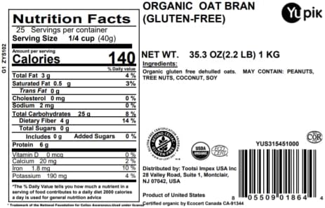 Yupik Organic Oat Bran, Gluten-Free, 2.2 lb (35.2 oz), Non-GMO, Kosher, Vegan, Raw, Made from Hull of Whole Grain Oats, Good Source of Fiber, Ideal for Baking & Cooking