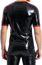 Latex Men Rubber T-Shirt,Black and Red Short Sleeves Latex Top Shirt Cosplay Theme Party Costumes