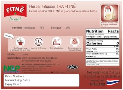 FITNE Original Herbal Tea Senna Infusion Healthy Wellness Beverage Natural Gentle Detox Cleanse No Calories Caffeine Free, 20 Tea Bags