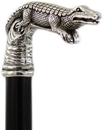 HandMade Italy Walking Cane in Customized Wood and Solid Pewter Crocodile Handle for Elegant Man Ceremony Woman Elderly Gift Italian Artisan Quality, black