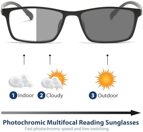 K.LAVER Premium Progressive Multifocal Reading Glasses Photochromic Lens TR90 Black Rectangle Seamless Transition Sunglasses