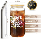 Funny 30th Birthday Drinking Glass Cup with Lids and Straw Gifts for Women,Happy 30th Birthday Decorations Glass Tumbler for Her,30 Years Later,Unique Friendship Birthday's Gifts for Best Friend -1