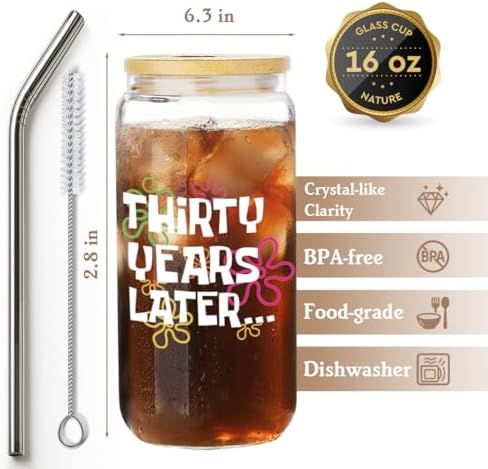 Funny 30th Birthday Drinking Glass Cup with Lids and Straw Gifts for Women,Happy 30th Birthday Decorations Glass Tumbler for Her,30 Years Later,Unique Friendship Birthday's Gifts for Best Friend -1