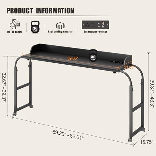 HWB Bed Table with Wheels for King Size, Over Bed Desk with Adjustable Height for Laptop, Overbed Table with Charging Station & LED Lights, Rolling Tables with AC Outlets, Black