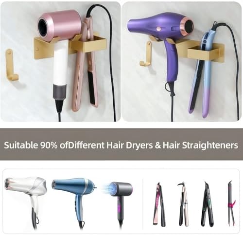 Hair Dryer and Straightener Holder, Upgraded Hair Straightener Holder with Cable Hook, Stainless Steel Universal Hairdryer Holder Wall Mounted Waterproof for Bathroom Space-Saving Gold PTALSEAW