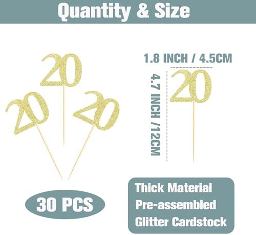 Sotpot 30PCS Gold Glitter 20th Birthday Cupcake Toppers Cheers to 20 Years Cupcake Picks for 20th Birthday Anniversary Party Decorations