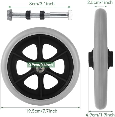 2Pcs Walker Wheels Replacement, 8 Inch Wheelchair Front Wheels with 2 Axles, Rubber Rollator Wheel Replacement Smooth Replacement Wheels for Walker Wheelchair Wheel Accessories, Gray