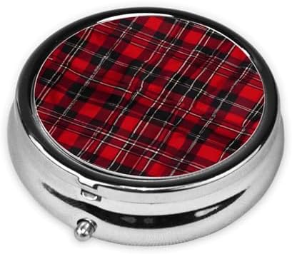(Plaid Red and Black) Round Pill Box,3 Compartment Pill Box Mini Decorative Pocket Purse Portable Travel Medicine Tablet Vitamin Holder Organizer Pill Case