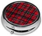 (Plaid Red and Black) Round Pill Box,3 Compartment Pill Box Mini Decorative Pocket Purse Portable Travel Medicine Tablet Vitamin Holder Organizer Pill Case