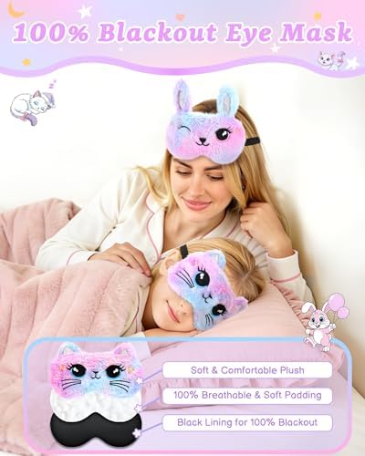 3 Pcs Cute Animal Kids Sleep Mask, 100% Blackout Eye Masks for Girls, Soft & Comfortable Plush Eye Covers with Adjustable Strap for Sleeping, Travel, Home, Party (Unicorn/Cat/Bunny)