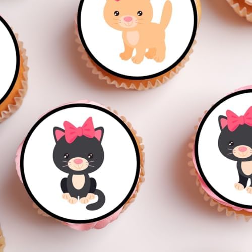 24 Cute Kittens Edible Cupcake Toppers, Stand Up Discs Wafer Cake Decorations Cat Birthday Decorations, Cat Cake Toppers, Edible Birthday Party Cookie Decor, 1.5 inch / 4cm UNCUT