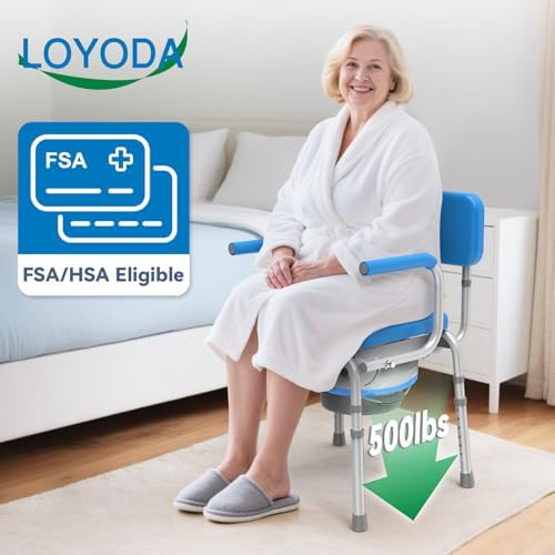 Drop Arm Bedside Commode with Linners, Commode with Padded Seat and Backrest, 500lbs Capacity, 5.81QT Removable Bucket, Adjustable Height Portable Toilet for Adults, Blue