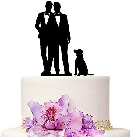 Gay Wedding Cake Topper, Mr & Mr Cake Topper With Dog Black Color Acrylic Silhouette Wedding Aniversary Party Engagement