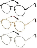 AMOMOMA 3-Pack Retro Round Reading Glasses for Men Women Trendy Blue Light Blocking Computer Readers Metal Frame AM6101