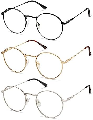 AMOMOMA 3-Pack Retro Round Reading Glasses for Men Women Trendy Blue Light Blocking Computer Readers Metal Frame AM6101