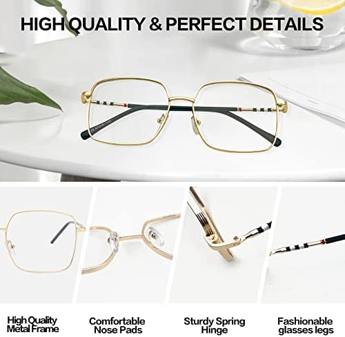 Oversized Square Metal Reading Glasses Women, Large Anti Blue Light Computer Reader, Anti Eyestrain Eyewear