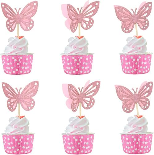 24PCS 3D Pink Butterfly Cupcake Toppers Double Layers Glitter Cake Decorations Butterfly Cupcake Picks Cocktail Picks for Party Birthday Wedding Decoration
