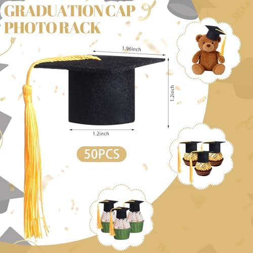 Frienda 50 Pcs Black Mini Felt Graduation Caps Bulk with Tassel Wine Bottle Lollipop Toppers Grad Cake Pops Cover Toppers Mini Grad Hat for 2026 Graduation Party Decorations Lollipop Favors Supplies