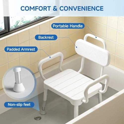 Shower Chair for Bathtub, Adjustable Height 15.7"–21.2" Bath Stool with Removable Backrest and Arms, Rust-Resistant Aluminum Frame, Non-Slip Rubber Feet, Supports 350 lbs， Neutral Gray