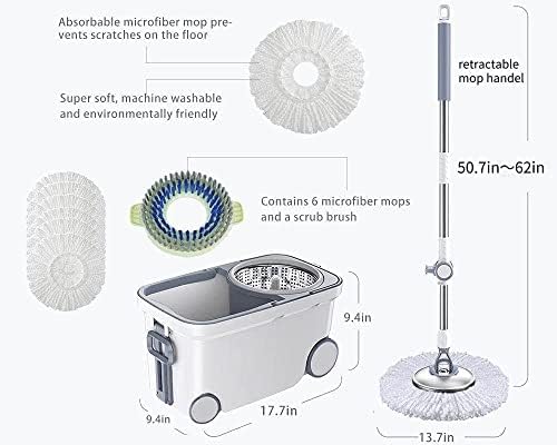Spin Mop Bucket Deluxe 360 Spinning Floor Cleaning System with 6 Microfiber Replacement Head Refills,62" Extended Handle,4X Wheel for Home Cleaning