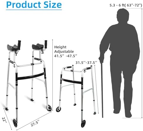 Stand Up Walker for Seniors & Elderly with 6" Bearing Wheels - Dual Mode Platform Walker, Height Adjustable Frame with Arm Support & Storage Bag, Foldable Lightweight Aluminum Upright Mobility Aid