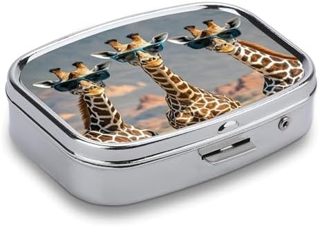 Three Giraffes Wearing Sunglasses Pill Case 2 Compartments Travel Pill Organizer for Pocket Small Pill Box Portable Pill Container Metal Medication Holder to Hold Vitamin Fish Oil Supplement