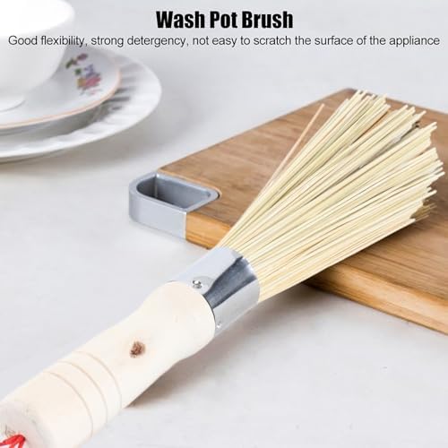 Bamboo Wok Brush, Bamboo Dish Brush Wok Cleaning Brush Pot Cleaning Whisk Dishwashing Kitchen Washing Tools Long Handle for Household Skillet Grill Utensils Cast Iron Sink Vegetable Scrubbing