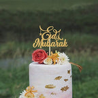 Eid Mubarak Cake Topper - Ramadan Party Decorations - Hajj Mubarak Festival Anniversary Party - Muslim Islam Celebration Decoration Gold Glitter.