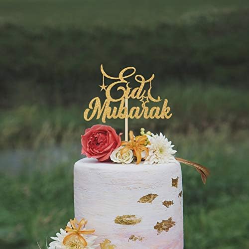 Eid Mubarak Cake Topper - Ramadan Party Decorations - Hajj Mubarak Festival Anniversary Party - Muslim Islam Celebration Decoration Gold Glitter.