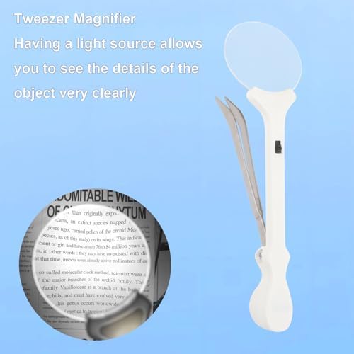 Rongon 5X Handheld Magnifying Glass Tweezers Portable Magnifying Lighted Magnifier with 2 LED Lights and Precision Tweezers Loupe for Inspection Hobbyists Jewelry Ingrown Hair Removal